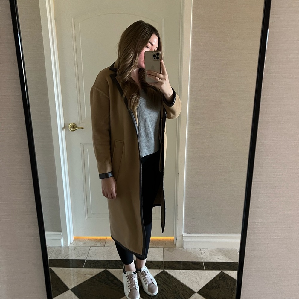 A.P.C tan and brown leather trim coat